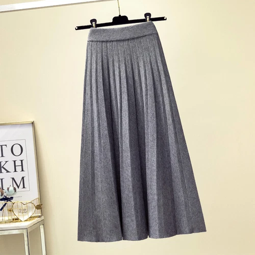 Women Fall Knitted Pleated Skirt Elastic High Waist Winter Swing A-line Casual - Bild 11 von 31
