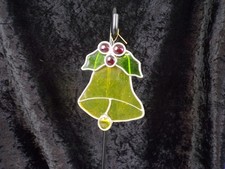 Christmas STAINED GLASS BELL HOLLY ORNAMENT Vtg