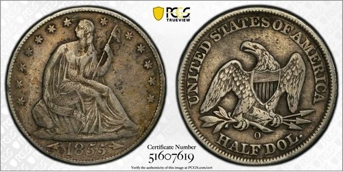 1855-O SEATED LIBERTY HALF DOLLAR PCGS VF DETAIL, CLEANED 607619