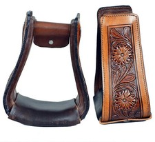 Western Saddle Stirrups Floral Tooled Genuine Leather Brown Pair Handmade