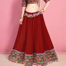 Embroidered Border Ethnic Gujarati Style Cotton Rayon Long Flare Skirt Dor Women