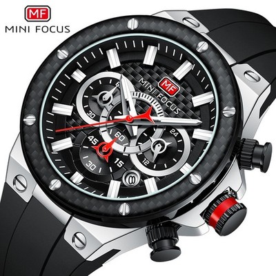 MINI FOCUS Men's Silicone Multifunction Chronograph Calendar Sports Quartz Watch