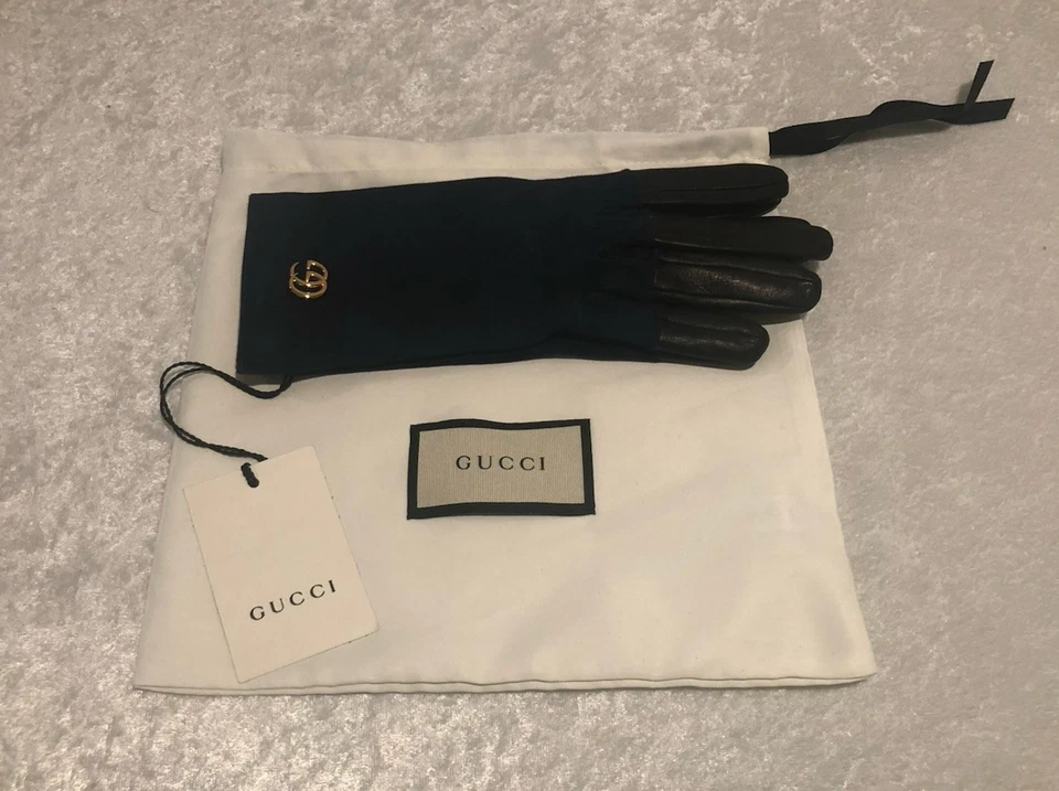 NUEVO CON ETIQUETAS Guantes Gucci Viola Azul Gamuza y Cuero Negro Logo Marmont Talla 7.5/M $630.00 Foto 4 de 4