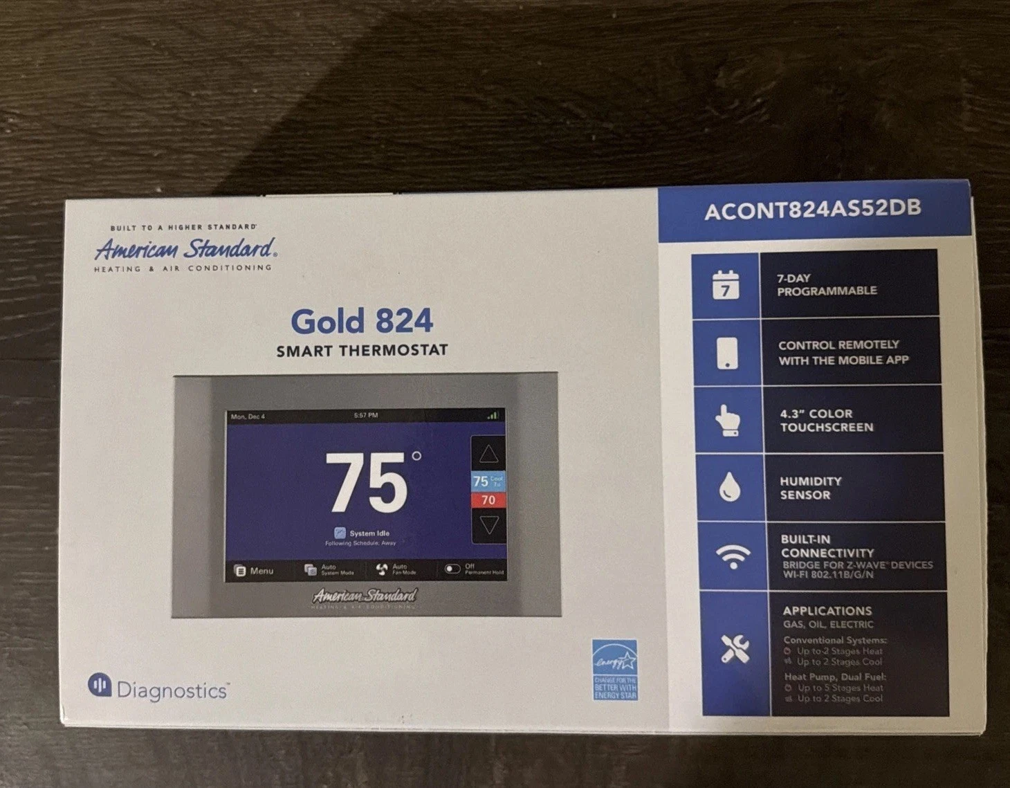 American Standard Gold 824 Smart Thermostat ACONT824AS52DB WiFi Z Wave Gray