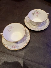 (2)Theodore Haviland Schuleter Limoges France Pink Roses Coffee Cups with Saucer