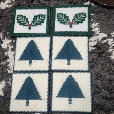 Holiday Plastic Canvas Needlework Coasters 6 Total 4 Christmas Trees 2 Holly