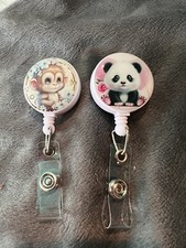 New 2 Pc Badge Holder Clip Retractable Id Panda Bear Monkey Women  s