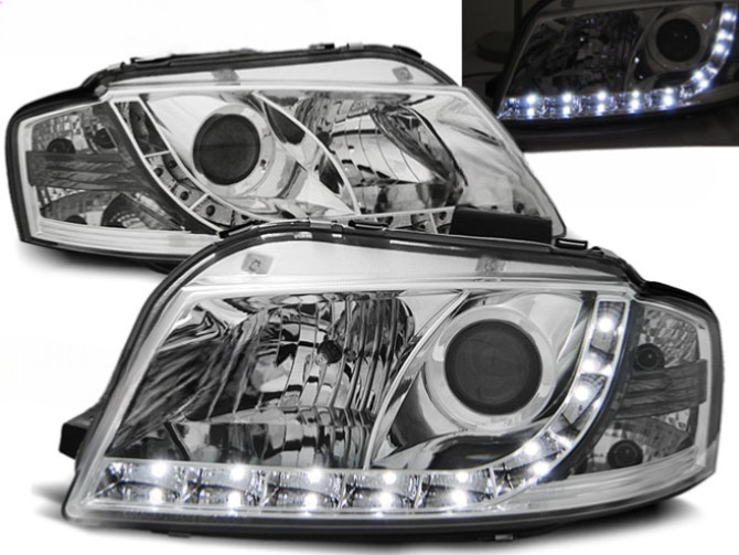 Feux Audi A3 8P Daylight LED avec éclairage diurne et fond chrome