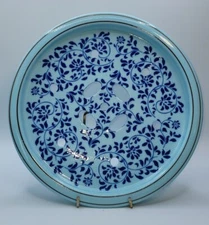 Ceramic Blue Floral Tray Bowl Cover Lid •Water Storage Lid/Flower Frog/Plant 10"