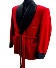 Men Quilted Red Velvet Elegant Smoking Jacket Lapel Wedding Robe Dressing Gown