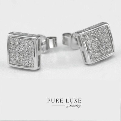 Orecchino Push-back Uomo/unisex In Argento Sterling 925 Con Cz Quadrato 8 Mm Con Scatola - Foto 5