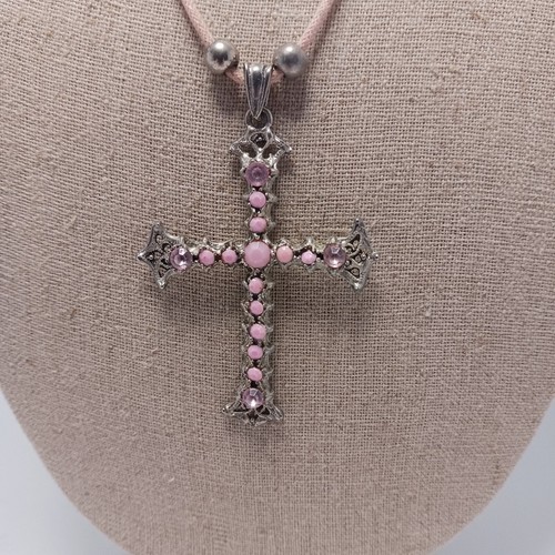 Womens Cross Necklace Pink Cord Goth Y2K Rhinestones Jewelry Faith - Picture 3 of 7