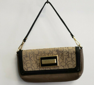 Calvin Klein Womens Clutch Purse Brown/Black Tan Logo Trim