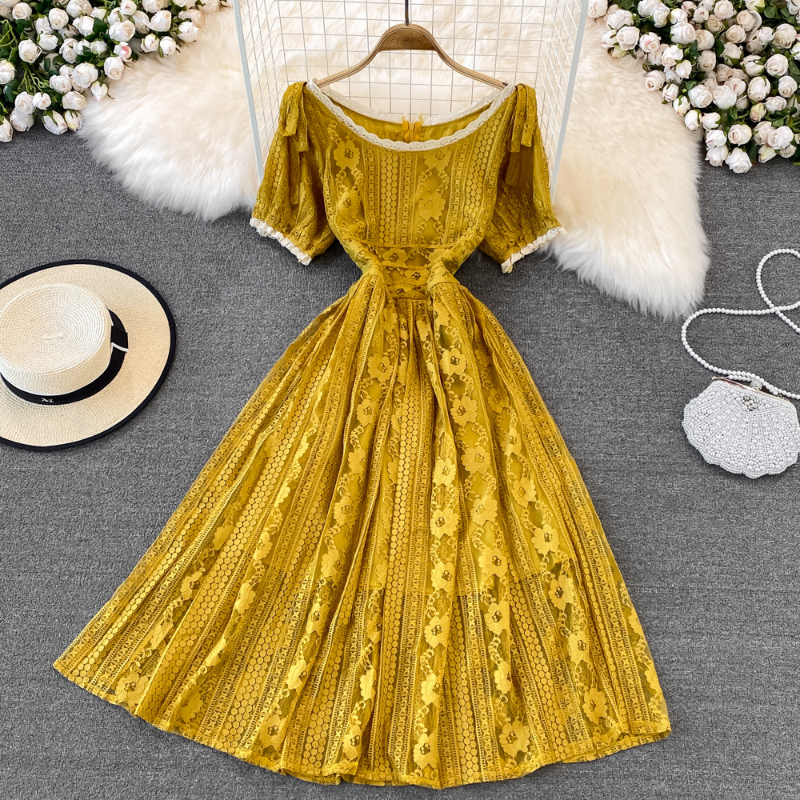 Women Floral Lace Dress Evening Party Short Sleeve Fit Flare Swing Summer  Beach