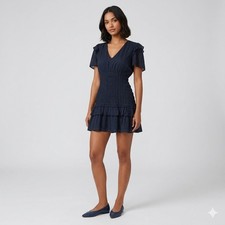 LoveShackFancy Rena Navy Blue Leopard Jacquard Smocked Mini Dress V-Neck Size S