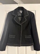 Ann Taylor Black Tweed Blazer Jacket Button Front Lined Pockets Long Sleeve 8