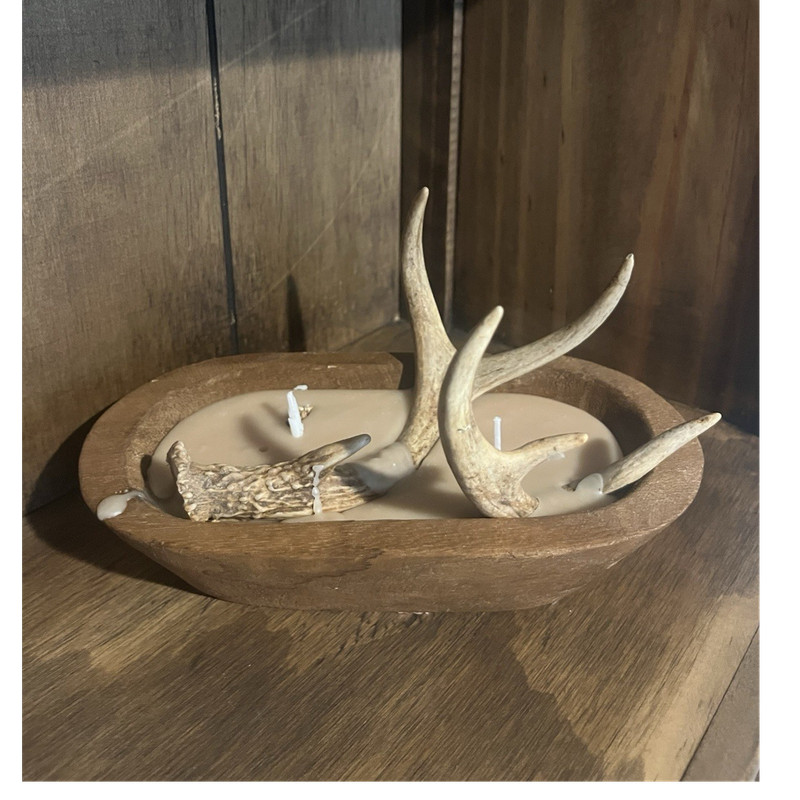 Rustic Antler Candle Holder Wood Tray with 2 Votive Candles Deer Decor