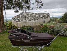 Vintage Style Coachbuilt Pram Sun Canopy Fringed Palm Leaf Print Silver Cross