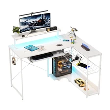 L Shaped Gaming Desk with Power Outlets & RGB Lights, Monitor Stand & Storage