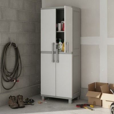 Durable White & Grey Resin Storage Cabinet - Perfect for Laundry Room or Garage