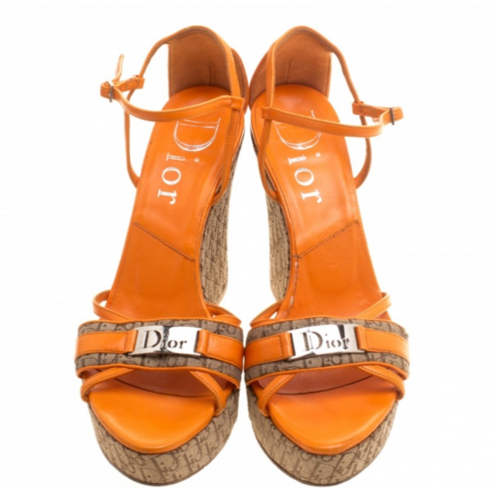 Dior Orange Leather and Canvas Diorissimo Wedge Sandals Size 38 | eBay