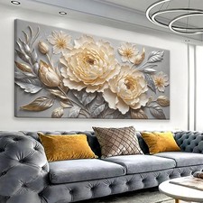 Canvas Art Wall Decor Print Silver White Flowers Wall Art For Living Room Pic...