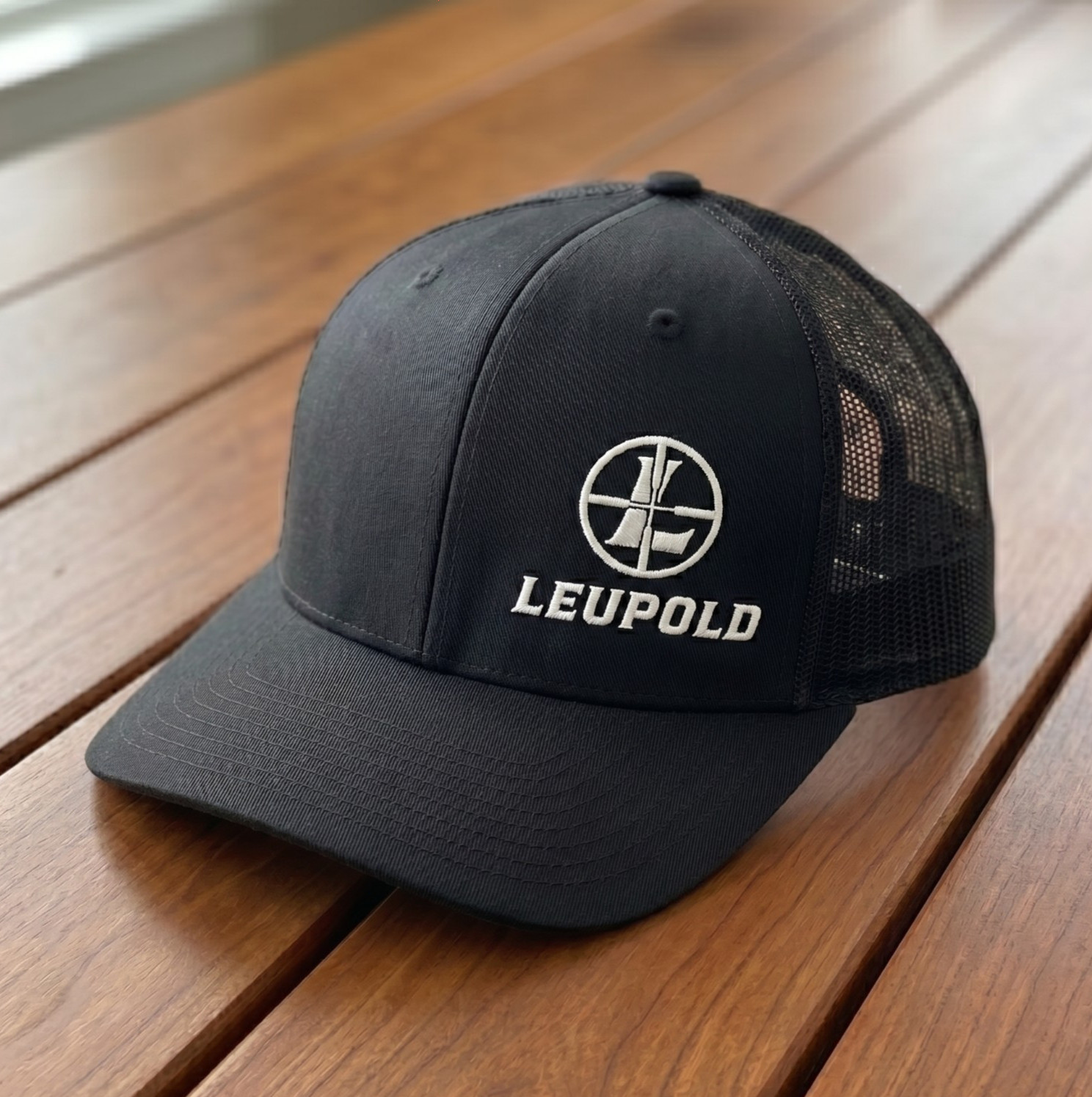 Leupold Logo Embroidered Trucker Hat, Black Mesh Back Snapback