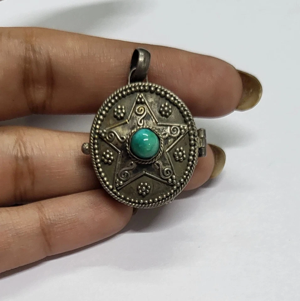 Natürlich Türkis Edelstein 3.6cm Vintage 925 Silber Offen Kiste Anhänger - Bild 4 von 4