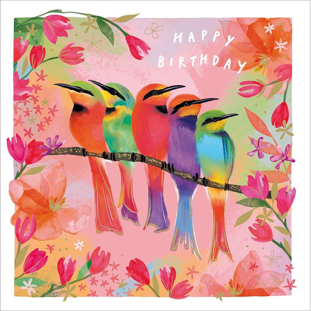 Birthday Card Colourful Birds On A Branch With Flowers