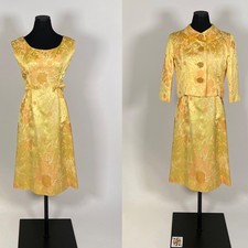 1960s Mid century glam satin dress set, jacket, yellow Mollie Parnis size S M
