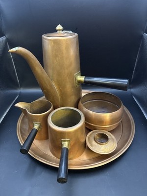 Vintage Mid Century Modern Copper Coffee Tea Set with Tray & Warmer   6 Pc