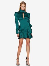 Teal Satin High-Neck Ruffle Ashton Mini Dress