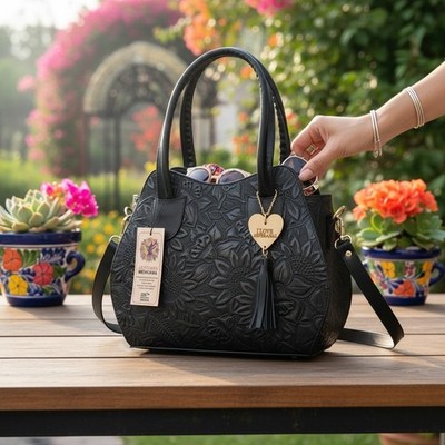 Black Embossed Tooled Artisan LEATHER Shoulder Bag Purse Bolsa Artesanal Piel