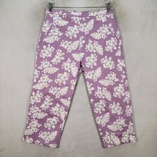 Vtg 90s Lilac Floral Tropical Pull On Crop Hawaiian Trouser Womens Pants Size L