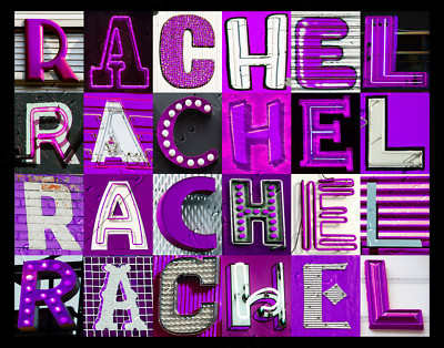 RACHEL Name Poster featuring photos of actual PURPLE sign letters