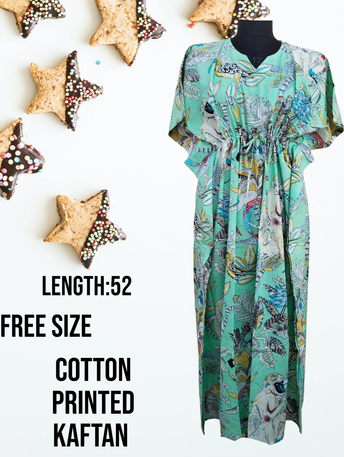 Indian Cotton Green Monkey Printed Kaftan Dress Women's Clothing Kaftan Dress US