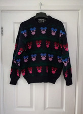 New Summit Sports Jumper Women Size L Pure Virgin Wool Navy Blue Floral Vintage