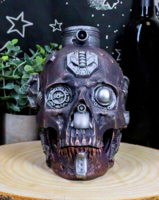 7.5 Inch Machine Black Copper Closed Mouthed Skull Head Steampunk Decor Figurine