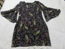 INFLUENCE INTERESSANTES SCHWARZES CHIFFONKLEID PAISLEY DRUCK ABBA-STIL ÄRMEL UK 8