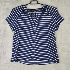 Womens A.N.A Blouse Top Blue Striped Short Sleeve Split V Neck Sheer Shirt M
