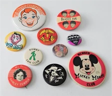 Vintage Fan Club Buttons, Set of 10