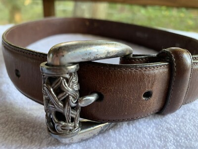 Vintage Brown Leather Belt With Ornate Silver Detail 1993 Vintage 1993 Western Brown Leather Silver Studded Belt Sz 30  main image 3