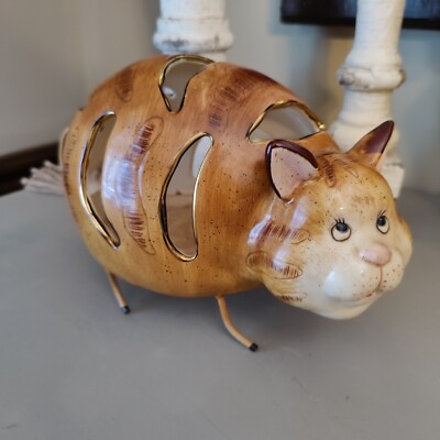 Vintage Whimsical Ceramic Orange Tiger Cat Tea Light Holder Kitschy Decor