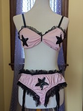 Vintage Y2K Hustler Pink Bling Star Sequins Ruffle Bra Garter Set Size Small