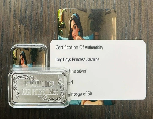 Sexy! Dog Days Princess Jasmine 1 Oz .999 Silver Color Art Bar +COA 50 Minted NR