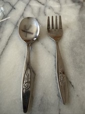 Vintage The First Years Toddler Fork And Spoon Lasting Rose Pattern.