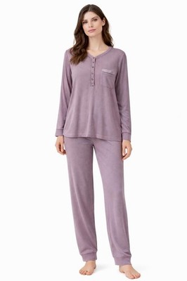 Lormar Damen Pyjama Viskose Stretch lila mit Seraphinkragen und Tasche