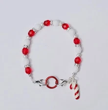 Christmas Candy Cane Red & White Czech Glass Medical Alert ID Bracelet 6.5"