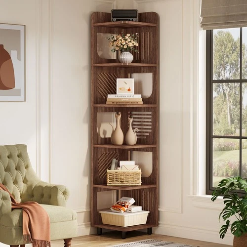 6-Tier Corner Bookshelf, 71'' Tall Narrow Display Corner Shelf for Living Room