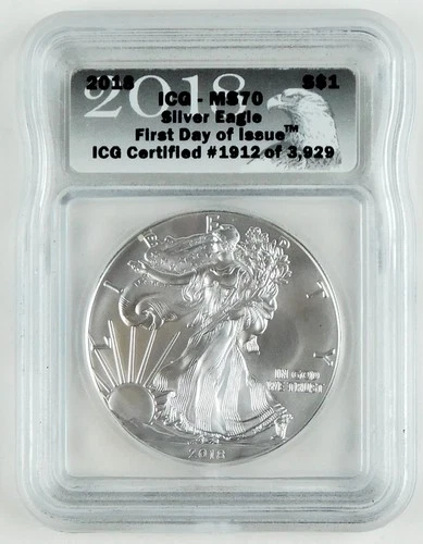 2018 $1 Silver Eagle ICG MS70 FDOI Gem Uncirculated #1912 of 3929 Coin C4135